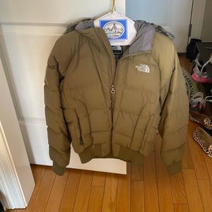 North Face green cropped bomber with detachable hood
